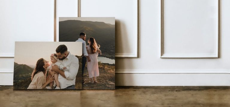 A canvas print hanging above a couch next to an accent wall.