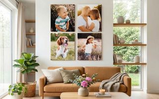 Four prints in a warm sunny living room featuring a baby, a couple, a dog and a child. 