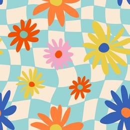 1970s Retro Daisy Seamless Pattern on Blue Distorted Checkered Background. Hippie Aesthetic. Hand-Drawn Vector Illustration, Flat Design. Kids Graphic Cover or Sticker.
