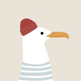 Funny seagull captain. Kids graphic. Vector hand drawn illustration.