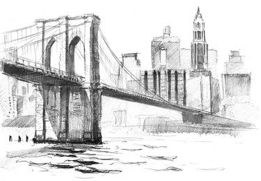 Pencil drawing of a landscape with set of skyscrapers and Brooklyn bridge in New York