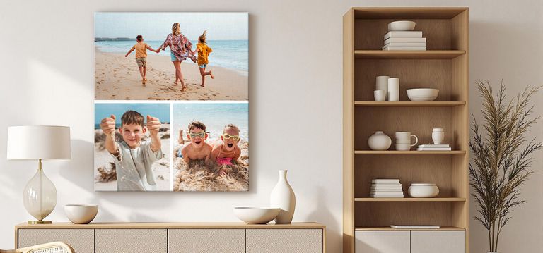 Collage canvas print of a family at the beach