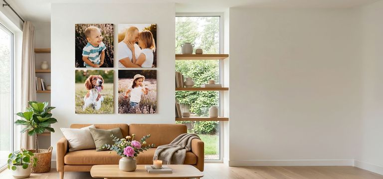 Four prints in a warm sunny living room featuring a baby, a couple, a dog and a child. 
