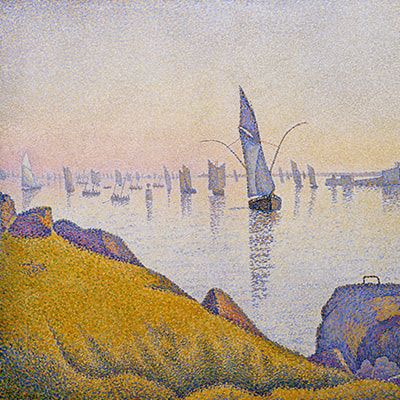 A yellow and purple painting depicting sailboats and coastline at dusk