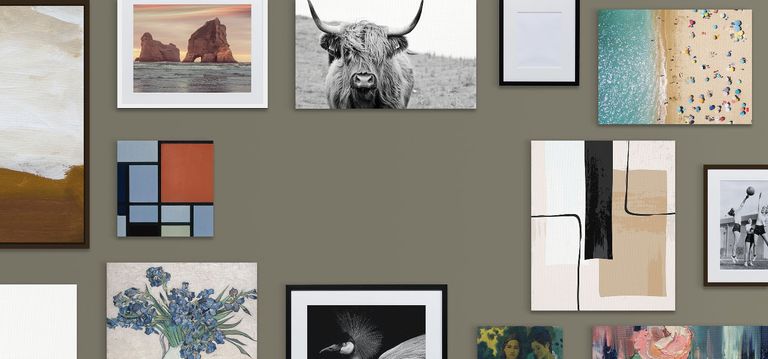 Beautiful art gallery wall with various framed prints and canvas prints.