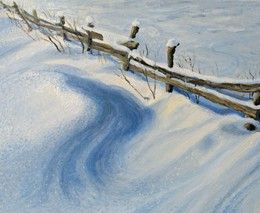 An oil painting on canvas of a rural fence buried under the fresh deep snow, sparkling in the sunshine of a cold winter morning high up in the mountains. A seasonal scene with a pure nature feeling.