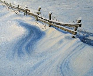 An oil painting on canvas of a rural fence buried under the fresh deep snow, sparkling in the sunshine of a cold winter morning high up in the mountains. A seasonal scene with a pure nature feeling.