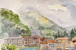 Watercolor of sea bay with old town under  mountains - openair artistic style