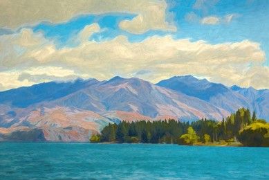 Digital painting of mountains and trees on the other side of Lake Wakatipu